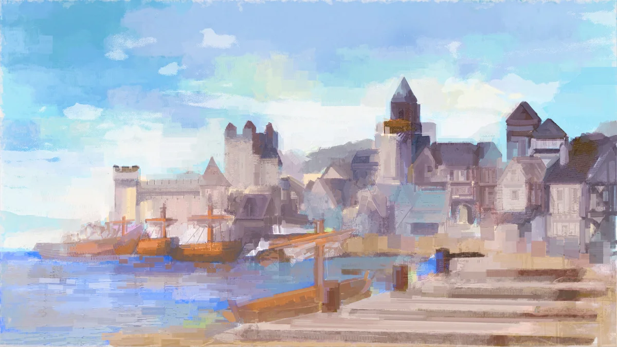 Sunlit harbour in the game
